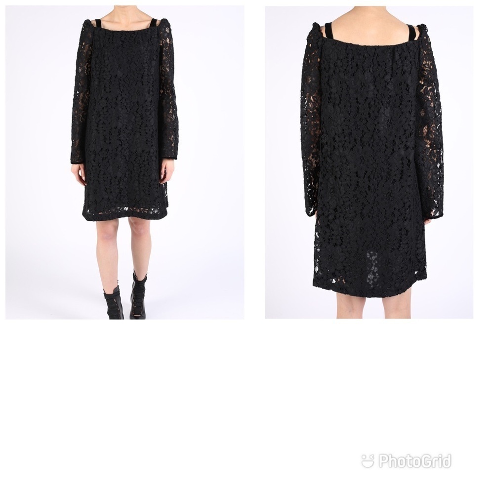 See By Chlo Oversized Black Lace Dress Long Sleeve Mini Floral Sz 38